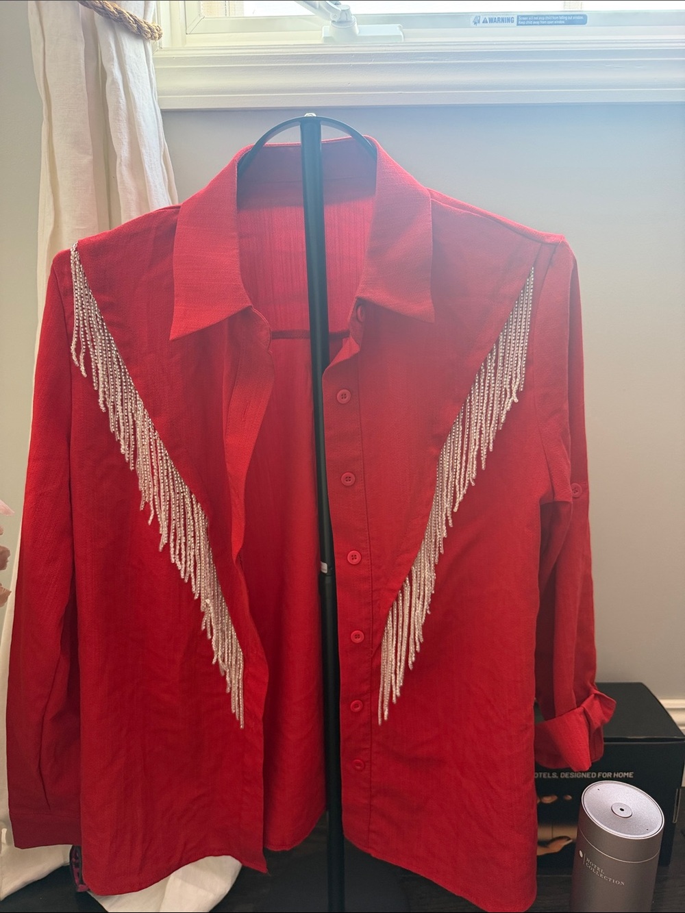 Amazon Red Button-Down Shirt with Silver Beaded Fringe